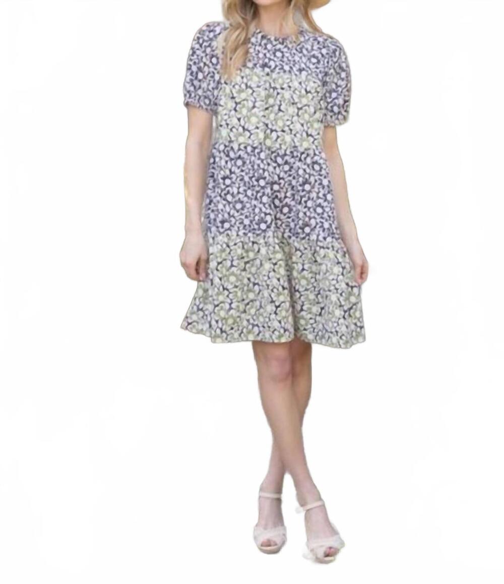 NEW VOY contrasting floral embroidered tiered dress in blue